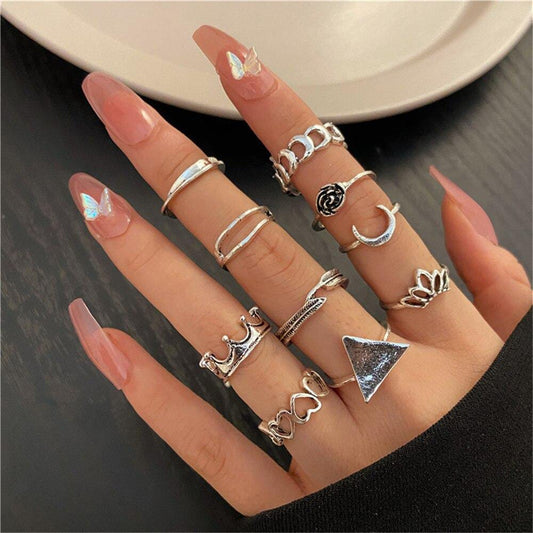 Yu Fashions Triangle Flower Crown Bohemian Link Ring Set of 10