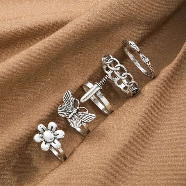 YU Fashions Retro Silver Butterfly Heart Ring Set of 5