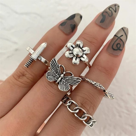 YU Fashions Retro Silver Butterfly Heart Ring Set of 5