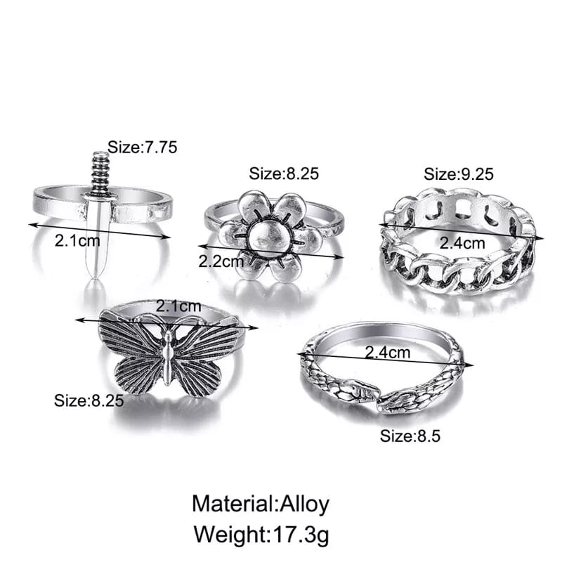 YU Fashions Retro Silver Butterfly Heart Ring Set of 5