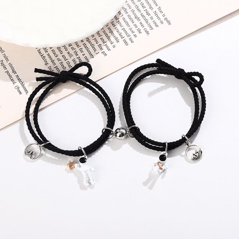 Yu Fashions Couple Sister Best Friend Magnetic Astronaut Black Rope Magnetic Korean Bracelet set of 2