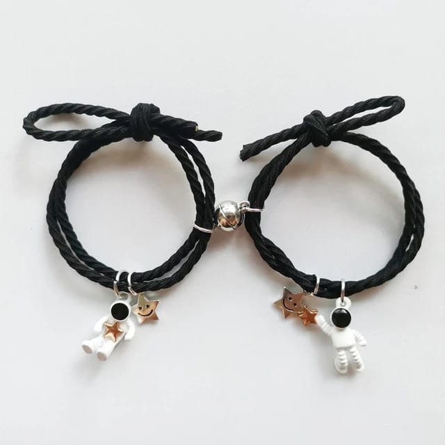Yu Fashions Couple Sister Best Friend Magnetic Astronaut Black Rope Magnetic Korean Bracelet set of 2