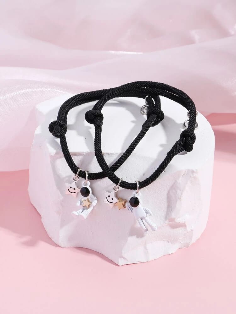 Yu Fashions Couple Sister Best Friend Magnetic Astronaut Black Rope Magnetic Korean Bracelet set of 2