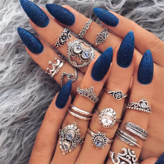 Yu Fashions OM Boho Floral Crystal High Fashion Silver Korean Ring Set of 60
