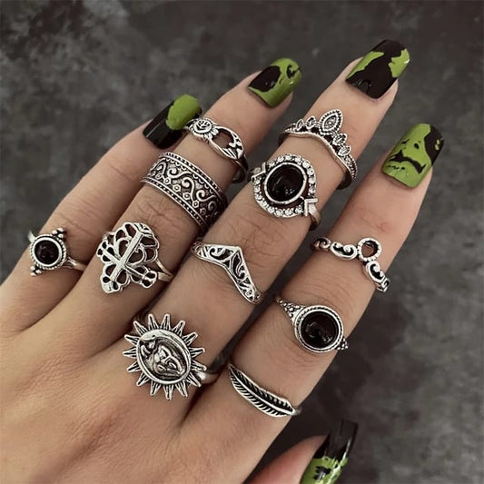 Yu Fashions Sunflower Black Beads Bohemian Silver Ring Set of 11