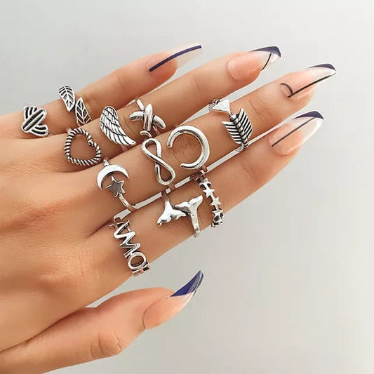 Yu Fashions AMOR Cute Infinity cactus Heart Feather Crescent Moon Leaf Korean Ring Set of 12