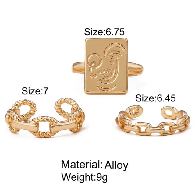 Yu Fashions Bohemian Golden Ring Vintage Face Link Chain Ring Set of 3