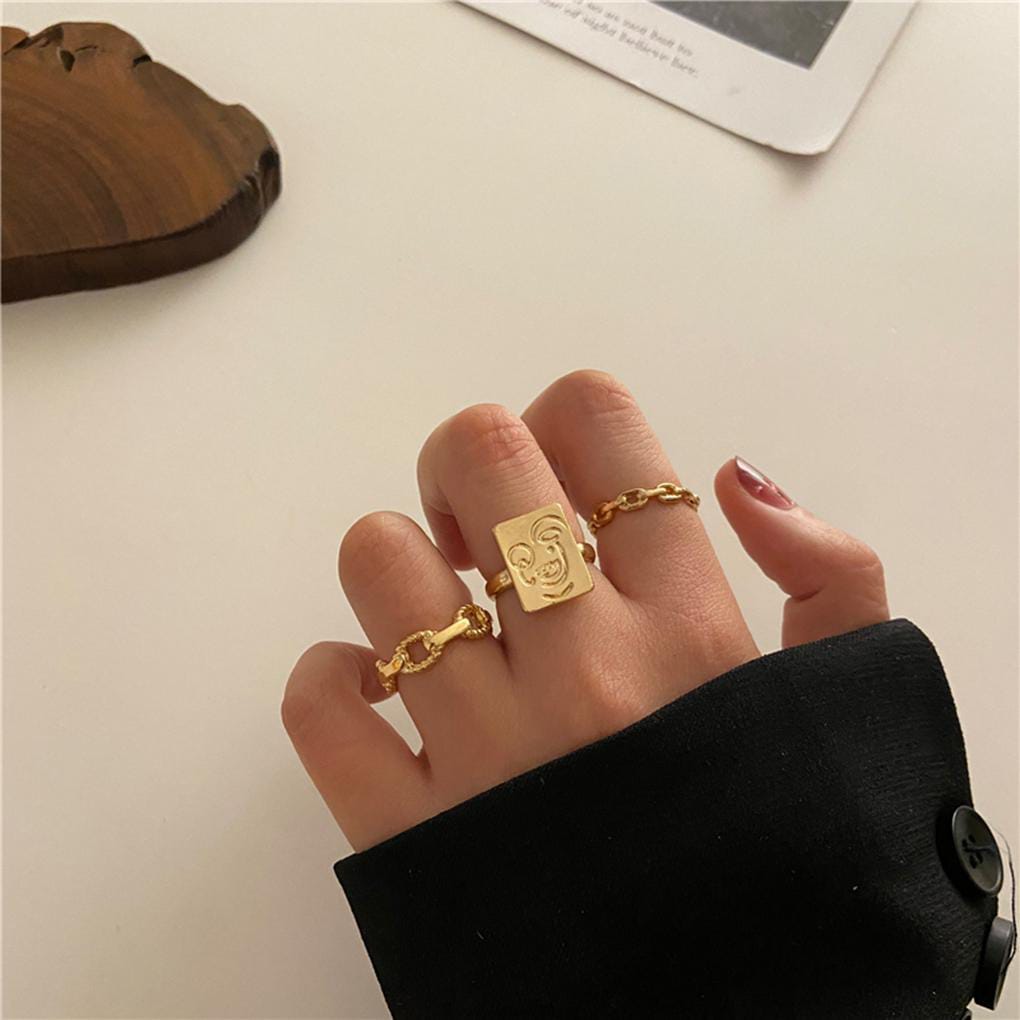 Yu Fashions Bohemian Golden Ring Vintage Face Link Chain Ring Set of 3