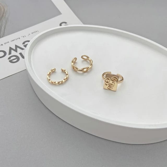 Yu Fashions Bohemian Golden Ring Vintage Face Link Chain Ring Set of 3