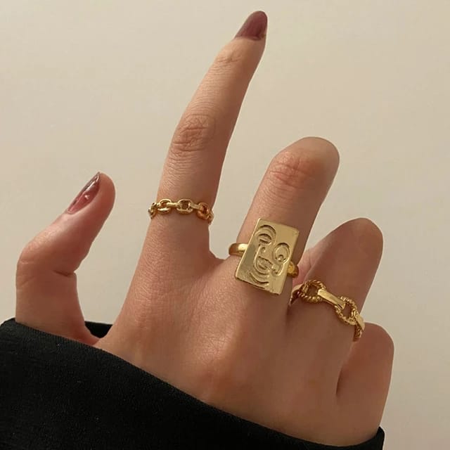 Yu Fashions Bohemian Golden Ring Vintage Face Link Chain Ring Set of 3