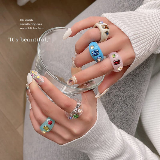 Yu Fashions Funky Acrylic Raisin Multicolor Korean Stone Ring Set of 5