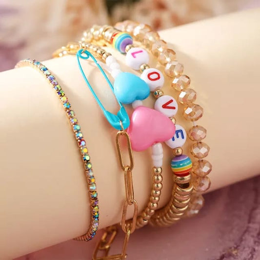 Yu Fashions 5 layered Love Safety Pin Heart Link Colored Beads Multilayered Korean Bracelet