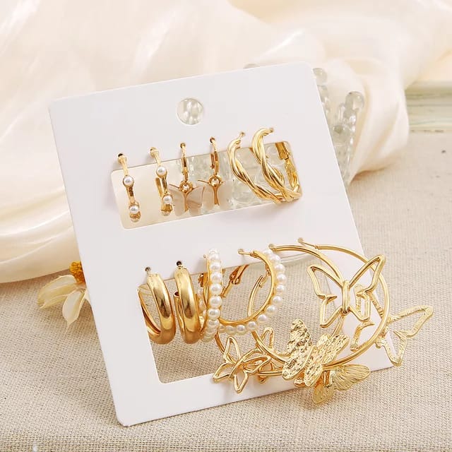 Stylish Golden White Butterfly Pearl Hoops Earrings Set of 6 Pairs For Women