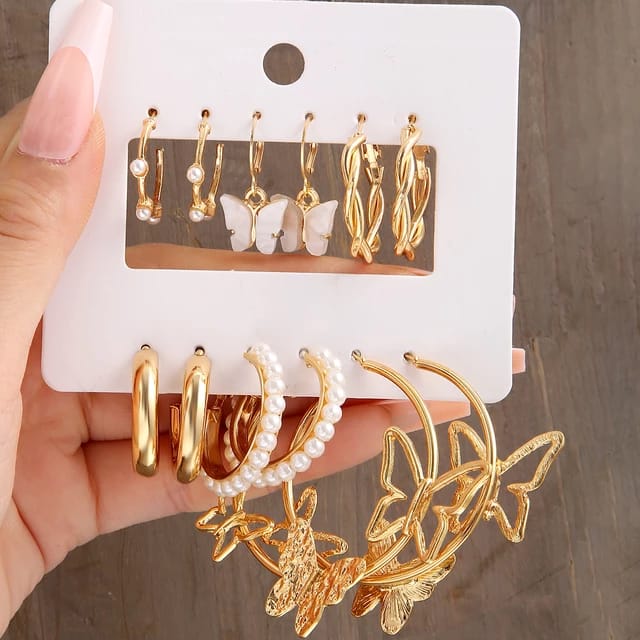 Stylish Golden White Butterfly Pearl Hoops Earrings Set of 6 Pairs For Women