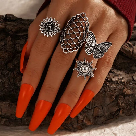 Yu Fashions web Butterfly Sun Flower Boho Korean Ring Set of 4