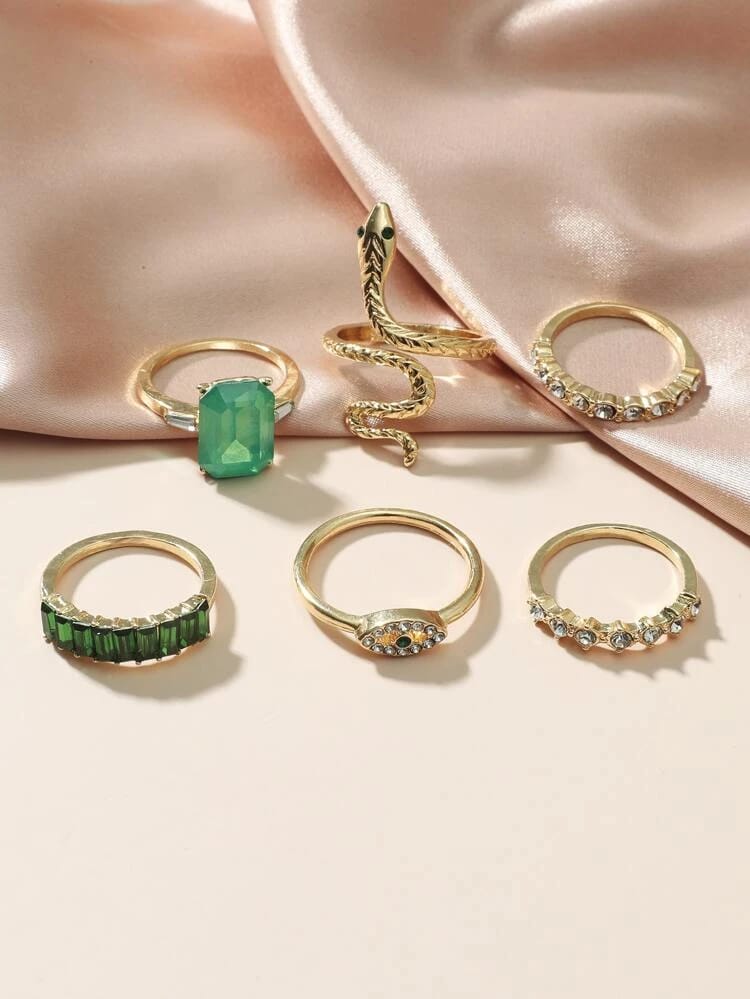 Yu Fashions Green Emerald Stones Snake animal Evil Eye Ring Set of 6