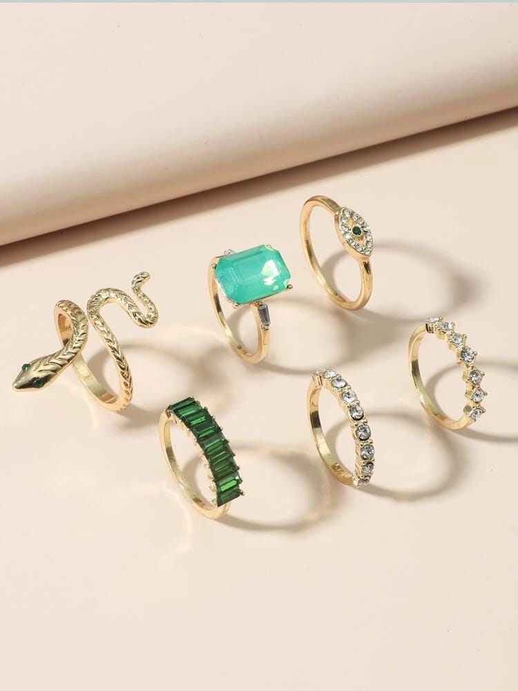 Yu Fashions Green Emerald Stones Snake animal Evil Eye Ring Set of 6