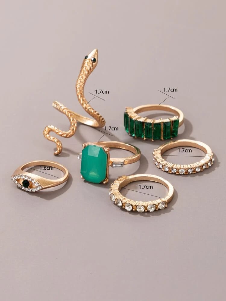 Yu Fashions Green Emerald Stones Snake animal Evil Eye Ring Set of 6