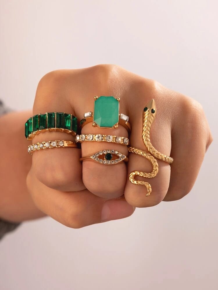 Yu Fashions Green Emerald Stones Snake animal Evil Eye Ring Set of 6