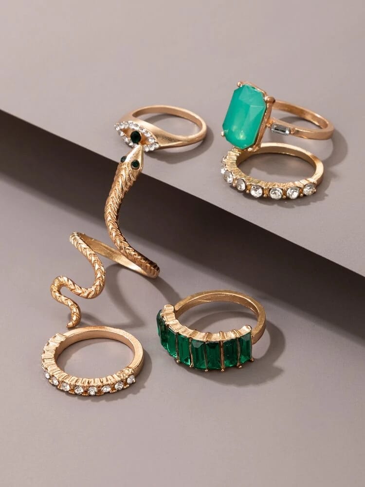 Yu Fashions Green Emerald Stones Snake animal Evil Eye Ring Set of 6