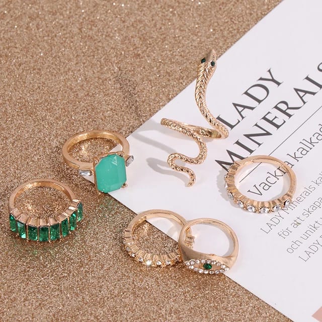 Yu Fashions Green Emerald Stones Snake animal Evil Eye Ring Set of 6