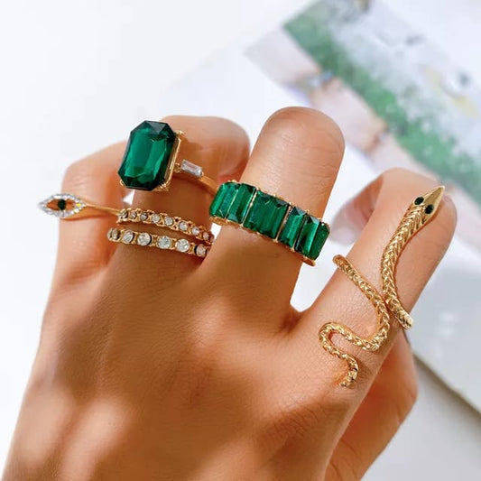 Yu Fashions Green Emerald Stones Snake animal Evil Eye Ring Set of 6