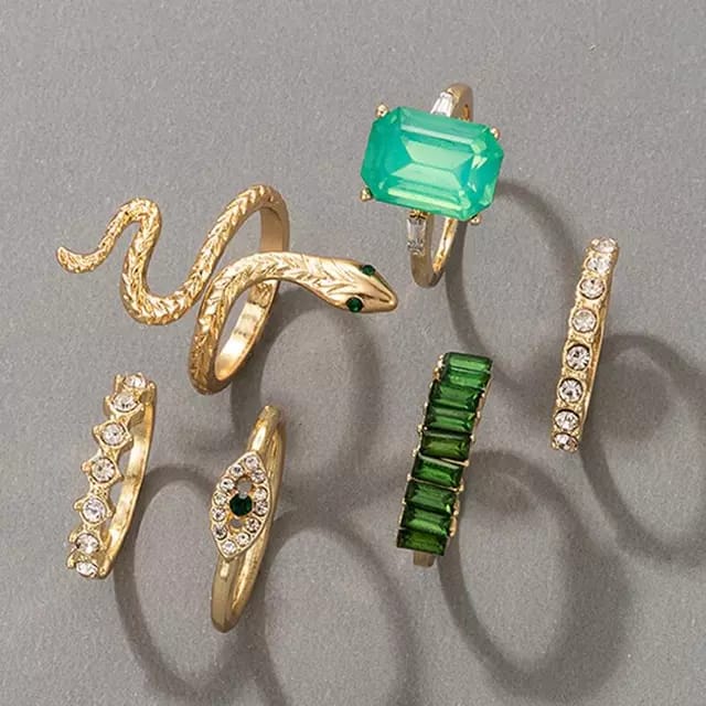 Yu Fashions Green Emerald Stones Snake animal Evil Eye Ring Set of 6