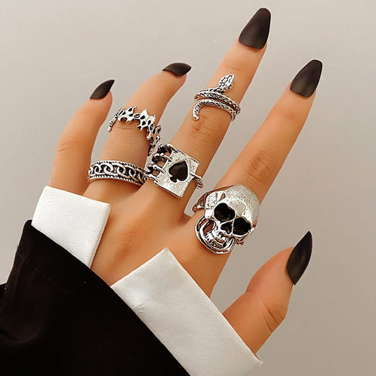 Yu Fashions Skull Ace Cards Snake Tribal Ring Set of 5