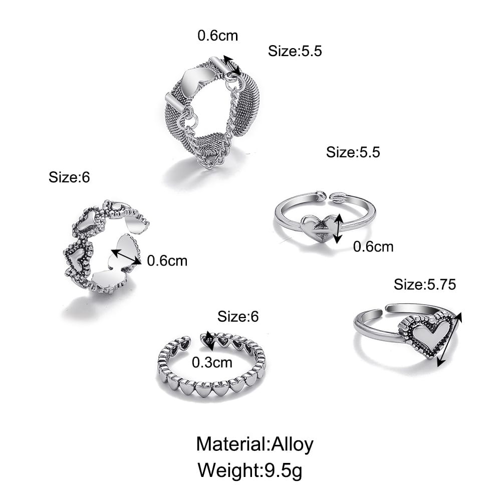 Yu Fashions Heart Chain Silver Ring Set of 5