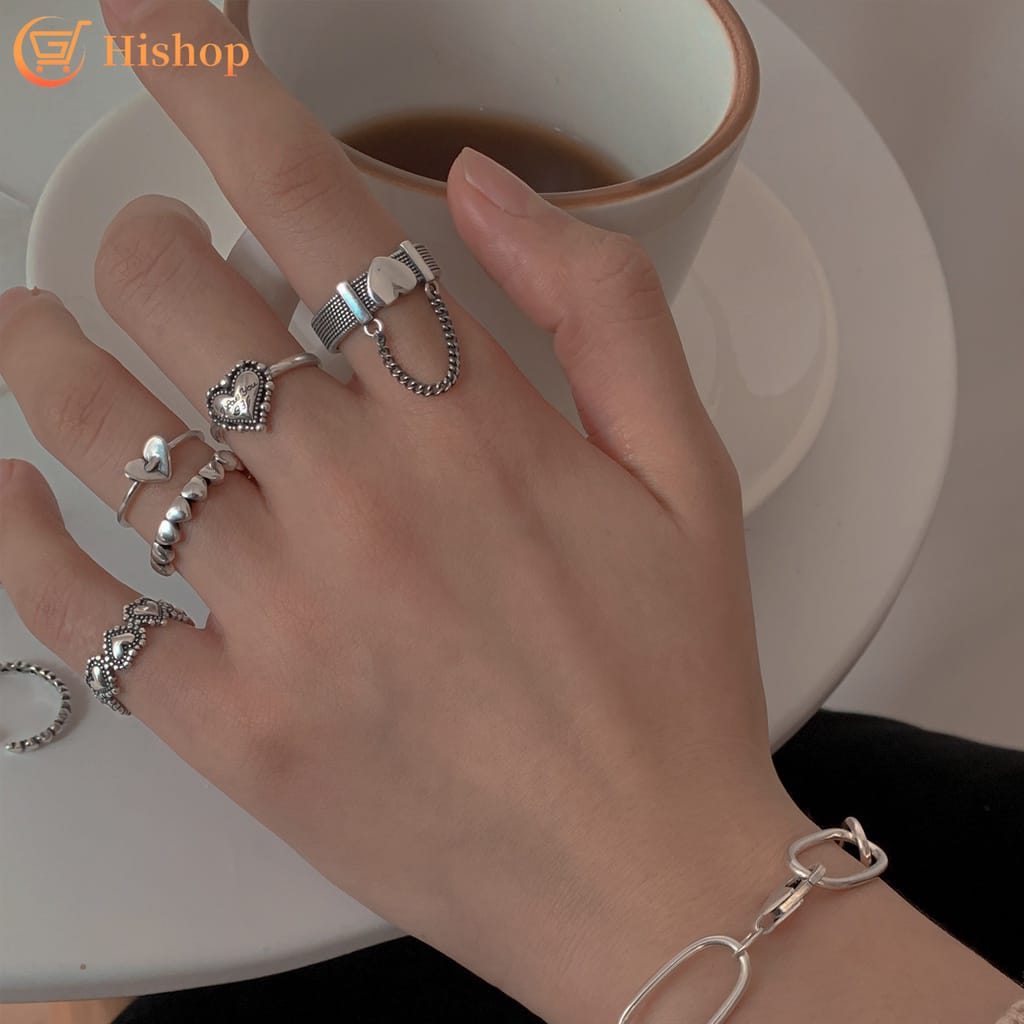 Yu Fashions Heart Chain Silver Ring Set of 5