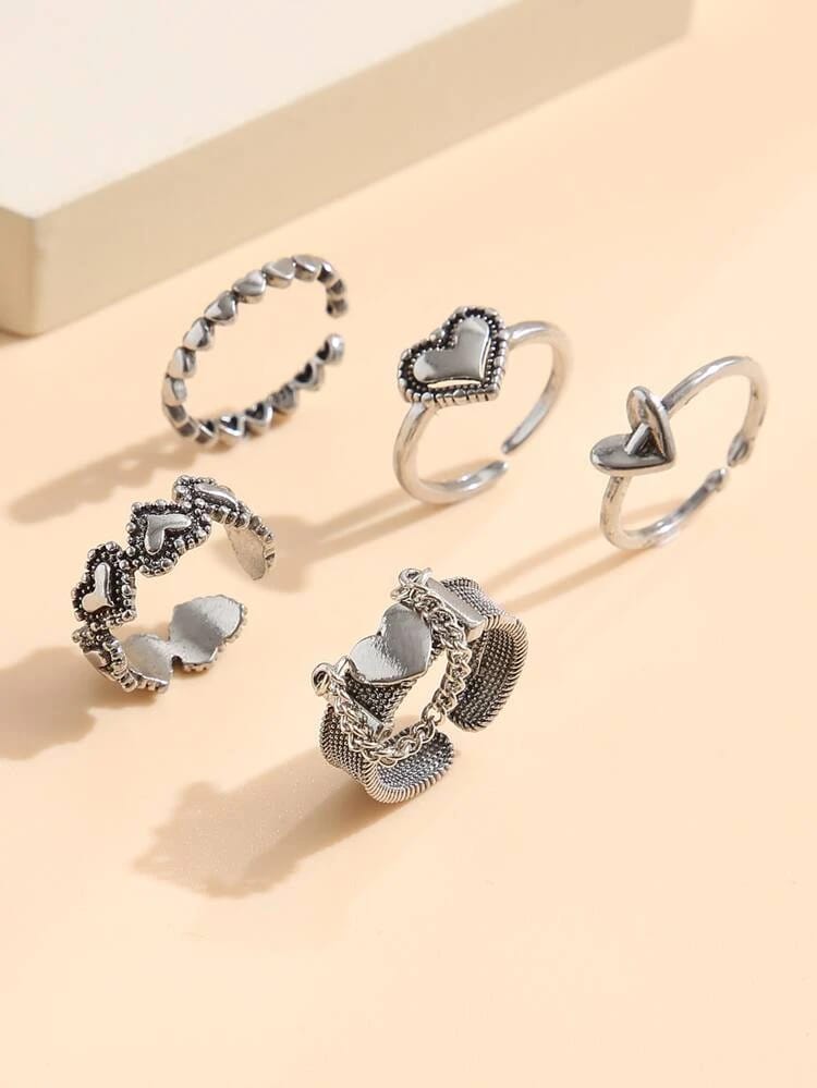 Yu Fashions Heart Chain Silver Ring Set of 5