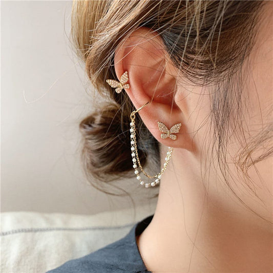 Yu Fashions Butterfly Pearl Rhinestone Chains Korean Earrings Pair