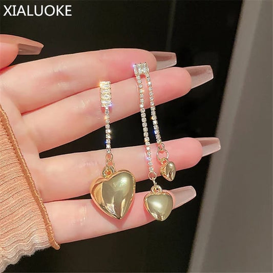 Yu Fashions Metal Heart Rhinestone Different  Unique Korean Earrings Pair