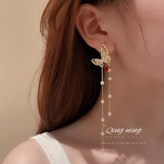 Yu Fashions Rhinestone Pearl Drop Tassel Maroon Golden Korean Trending Earrings Pair