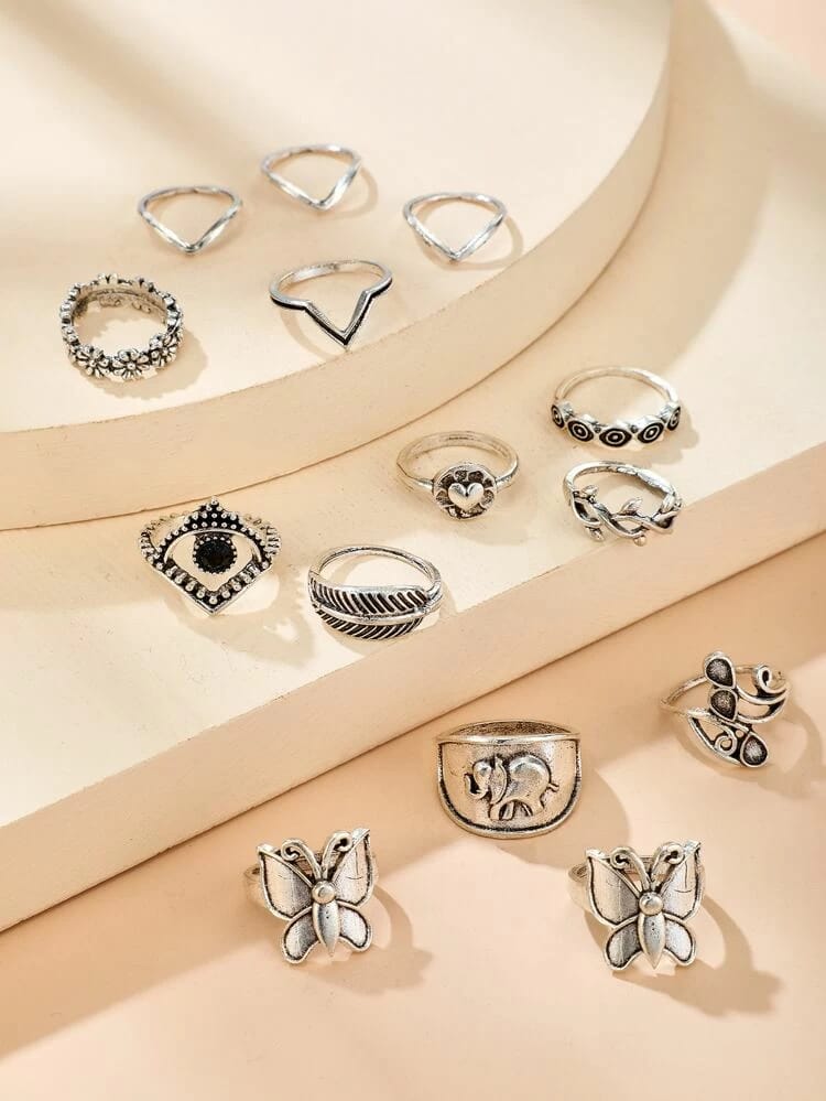 Yu Fashions Butterfly Tribal Ring Set of 14