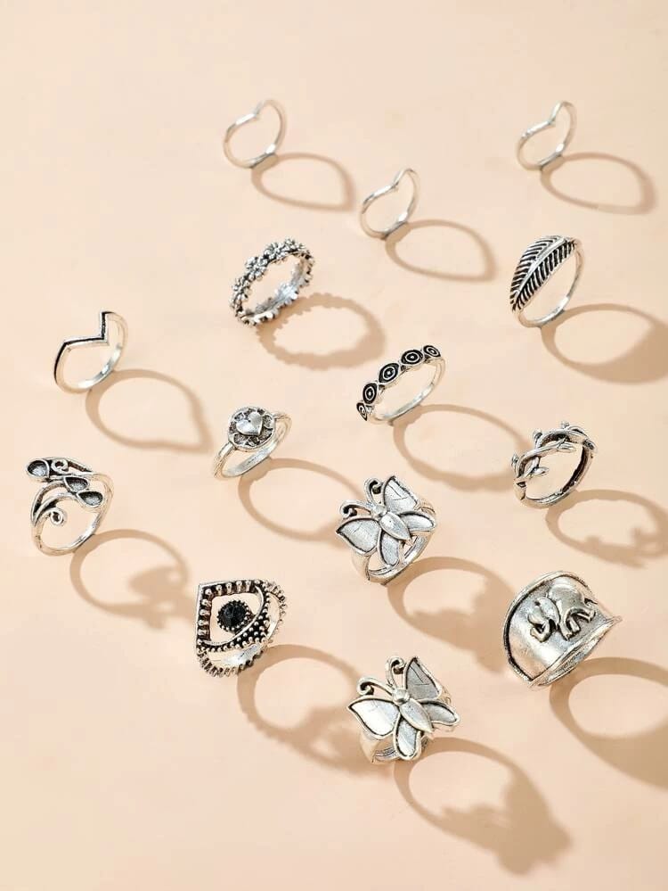 Yu Fashions Butterfly Tribal Ring Set of 14