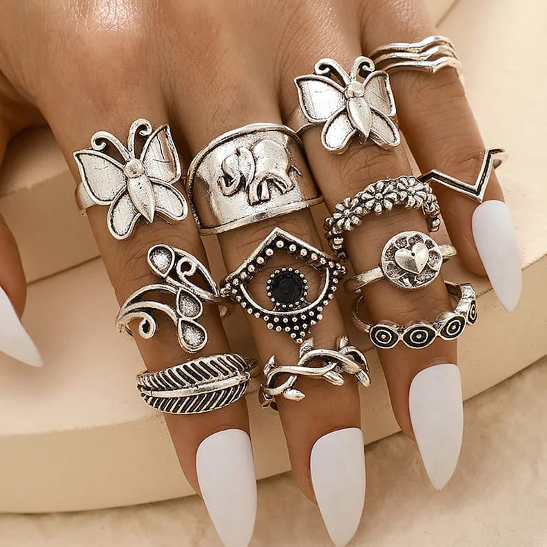 Yu Fashions Butterfly Tribal Ring Set of 14