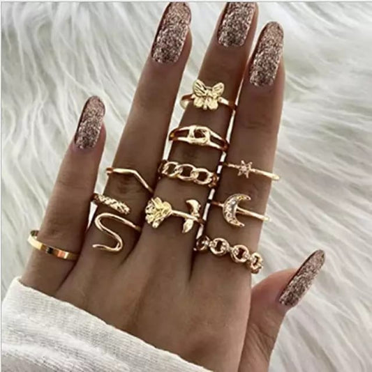 Yu Fashions Snake Animal Butterfly link Stone Ring Set of 10