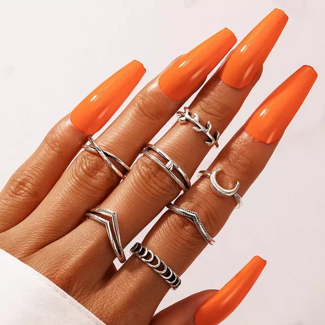 Yu Fashions Crescent Moon Silver Ring Set of 7