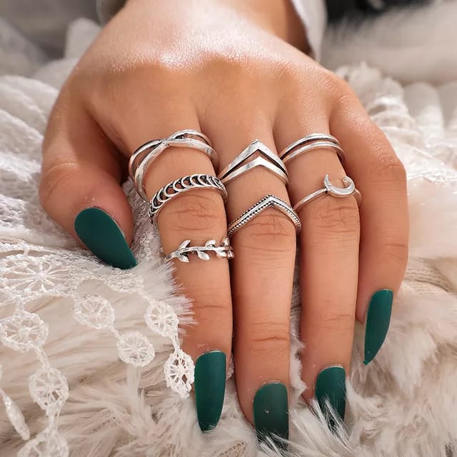 Yu Fashions Crescent Moon Silver Ring Set of 7