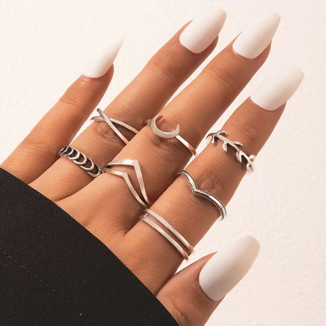 Yu Fashions Crescent Moon Silver Ring Set of 7