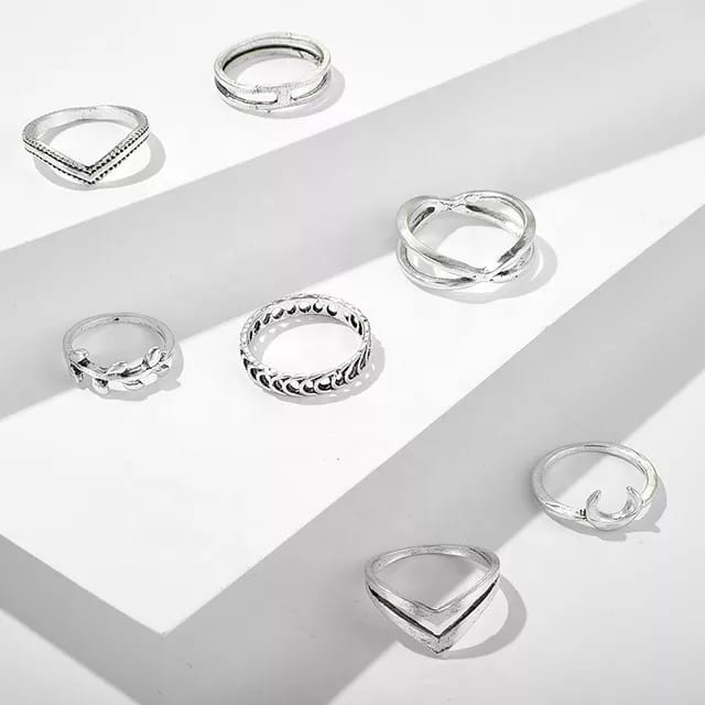 Yu Fashions Crescent Moon Silver Ring Set of 7