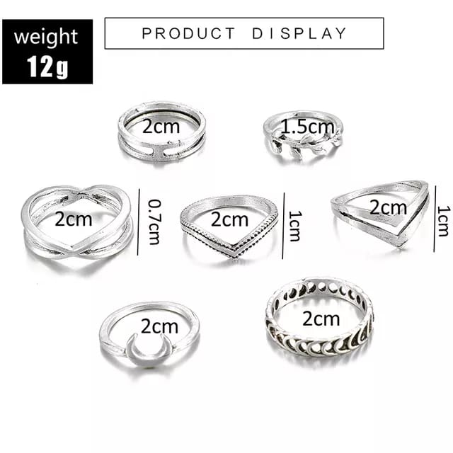 Yu Fashions Crescent Moon Silver Ring Set of 7