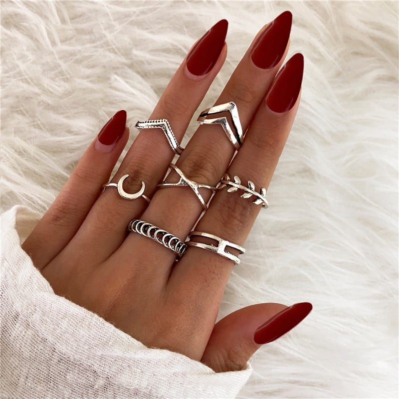 Yu Fashions Crescent Moon Silver Ring Set of 7