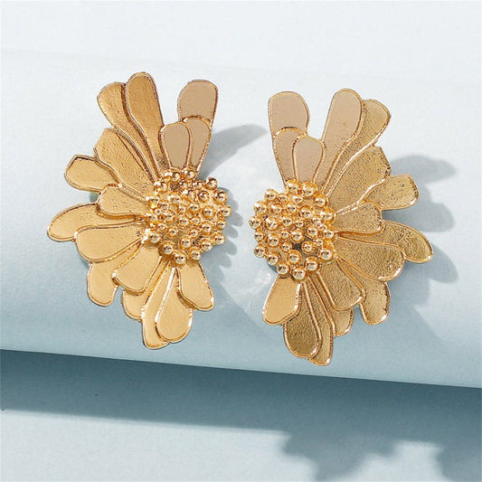 Yu Fashions Sunflower Leaf Half Half Golden Korean Earrings Pair