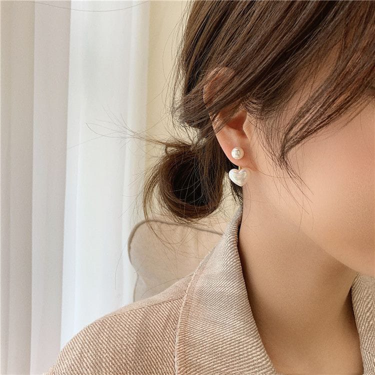 Yu Fashions Heart Shaped 2 way Freshwater Pearl Geometric Korean Earrings Pair