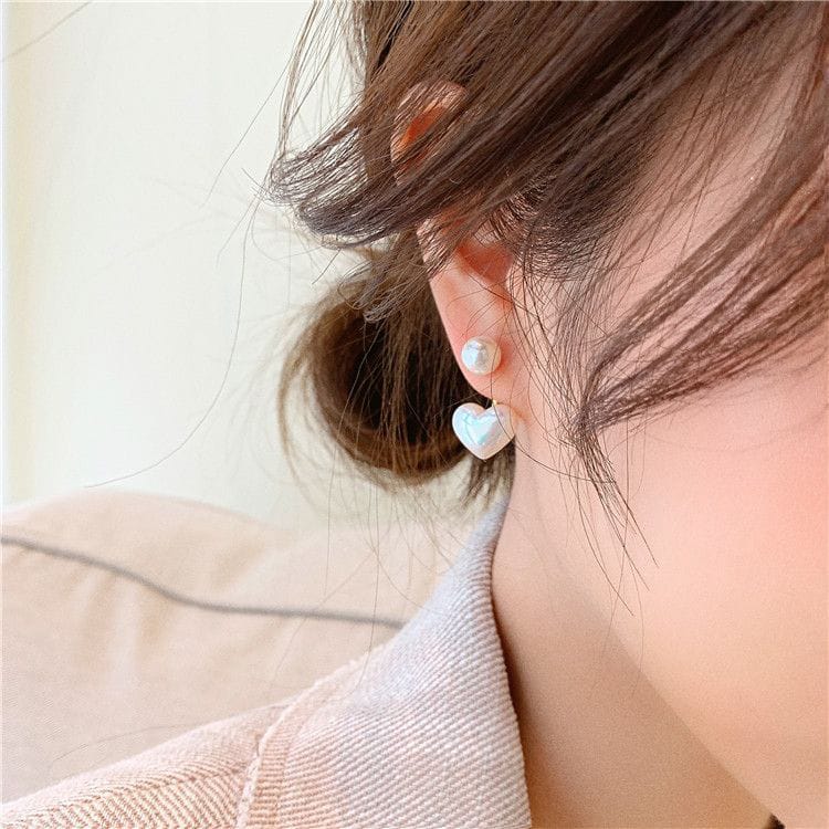 Yu Fashions Heart Shaped 2 way Freshwater Pearl Geometric Korean Earrings Pair
