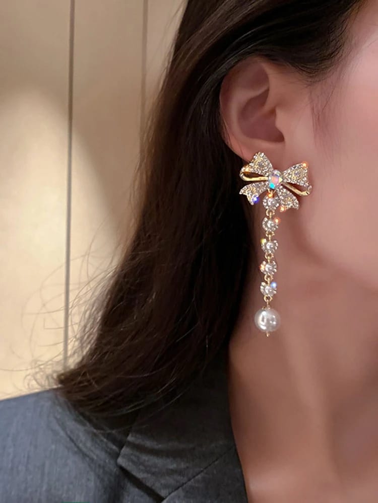 Yu Fashions Rhinestone Bow Knot Pearl Drop Trending Korean Earrings Pair