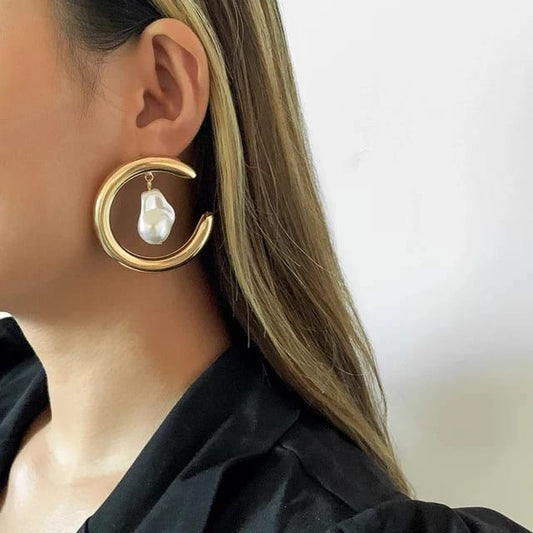 Yu Fashions Geometrical C Shaped Pearl Drop Golden Metal Korean Earrings Pair