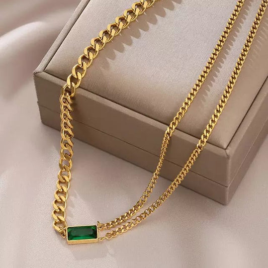 Yu Fashions Green Emerald high Fashions 2 layered Golden Korean Necklace
